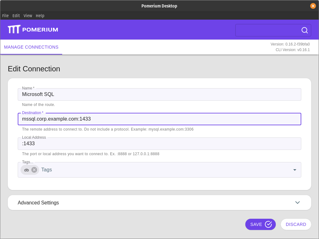 An example connection to a $SERVICE service from Pomerium Desktop