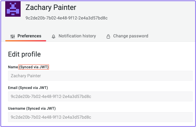 Name, Email, and Username fields that say Synced via JWT in the user&#39;s profile page in Grafana